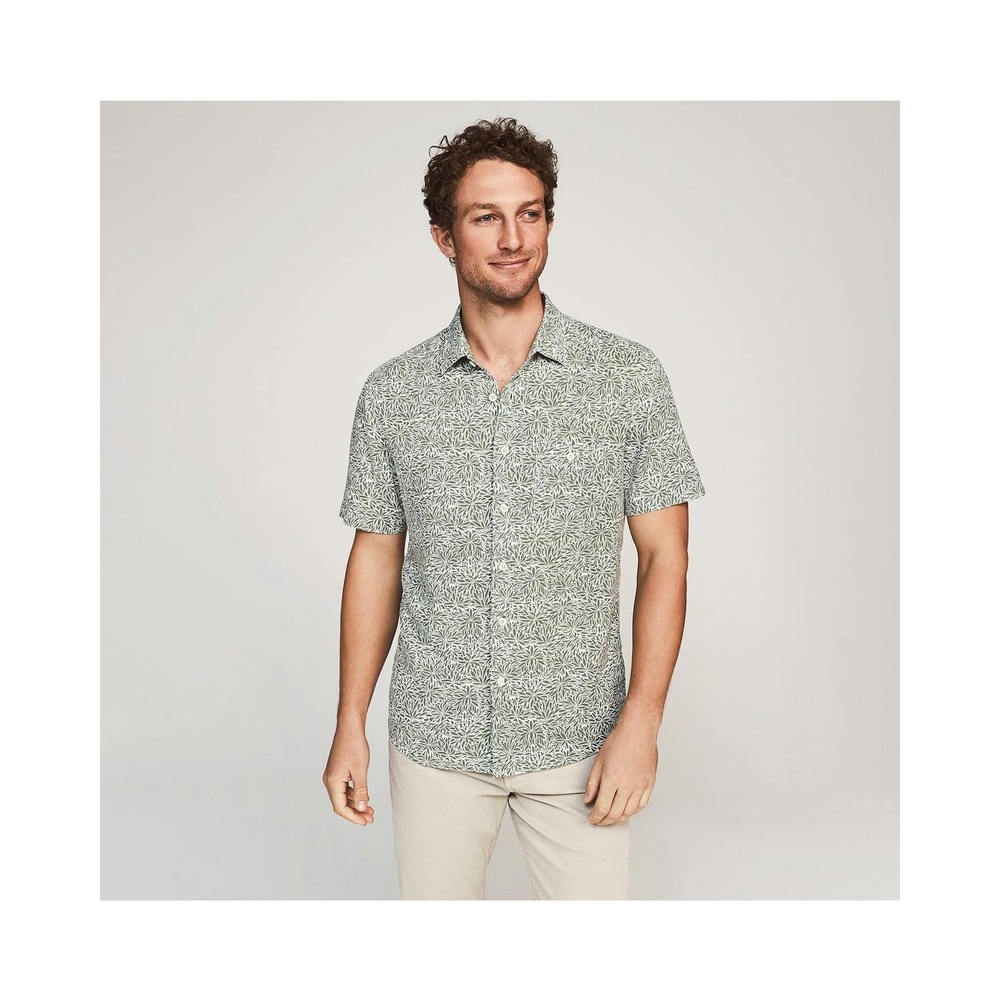 Faherty Brand Mens Short Sleeve Linen Rayon Shirt Green Leaf Print MWU2142-OFP L